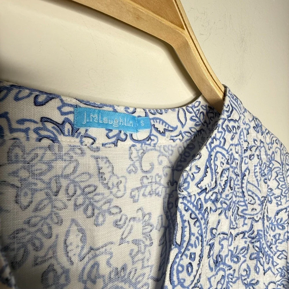J.McLaughlin Linen Dress Womens S Blue Paisley Shift‎ Roll Tab Coastal